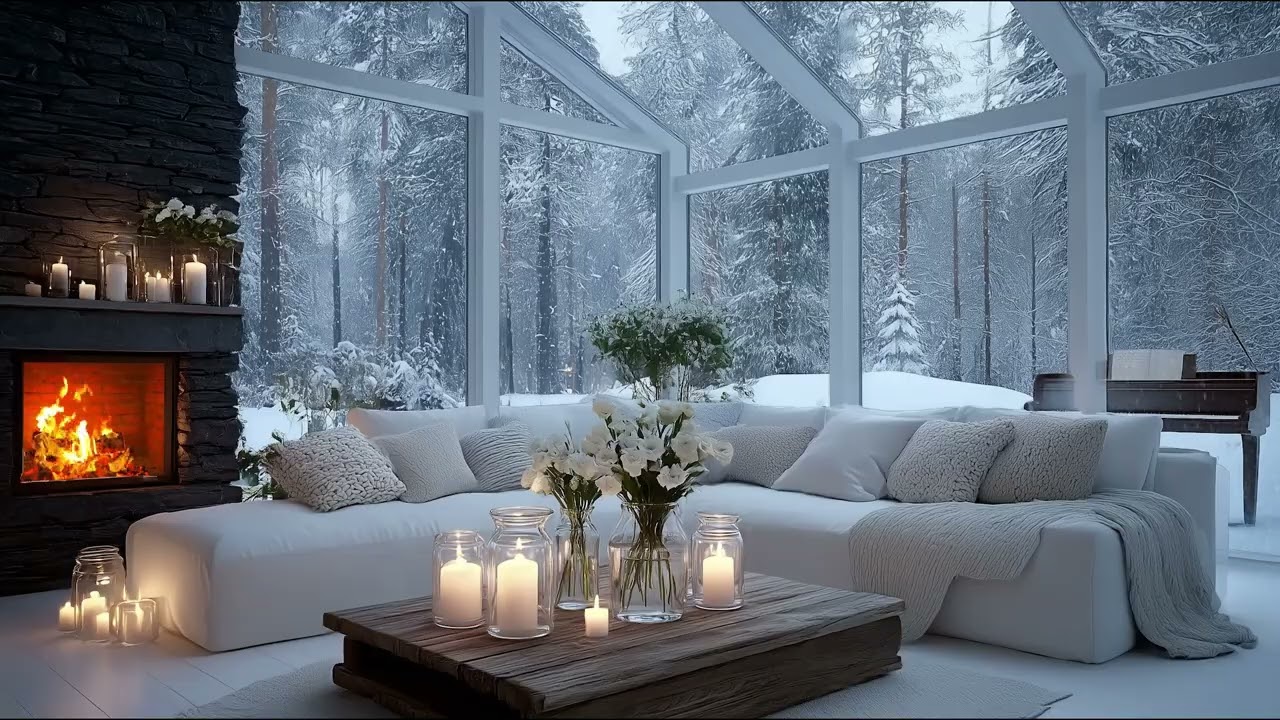 ❄️ Snowfall Piano for Sleep | White Lounge Fireplace & Candlelight | 5 Hours Deep Rest