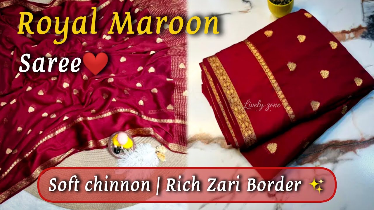 Royal Maroon chinnon saree from MEESHO | zari border & Separate blouse piece