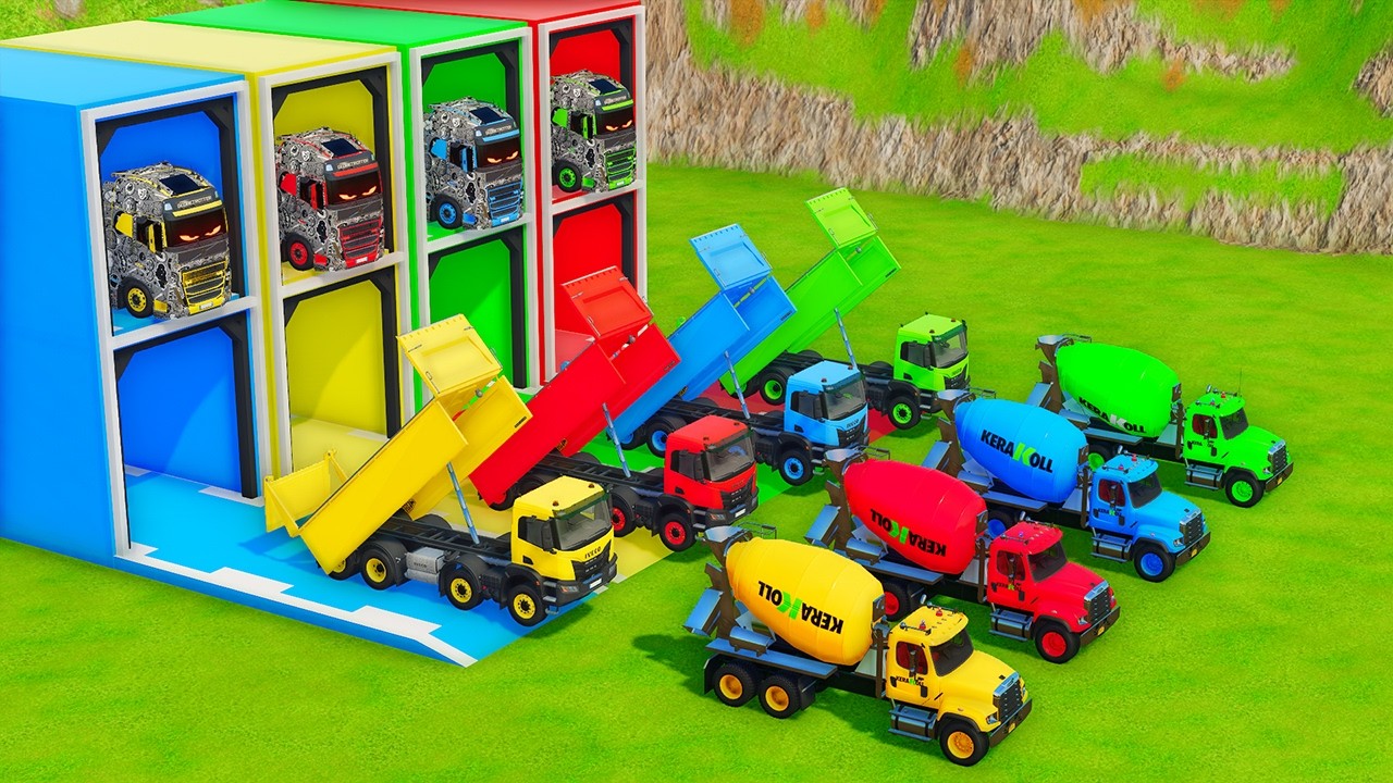 Garage with Colors - ALL MIXER TRUCK WITH DOUBLE FLATBED TRAILER TRUCK, SCANIA, KAMAZ, NISSAN - FS22
