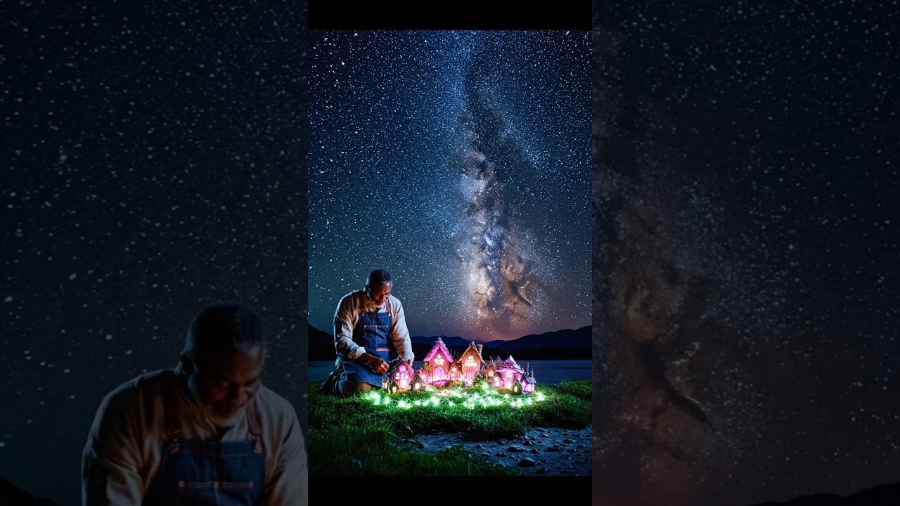 Artist in a Field at Night Making a Glowing Fairy Village