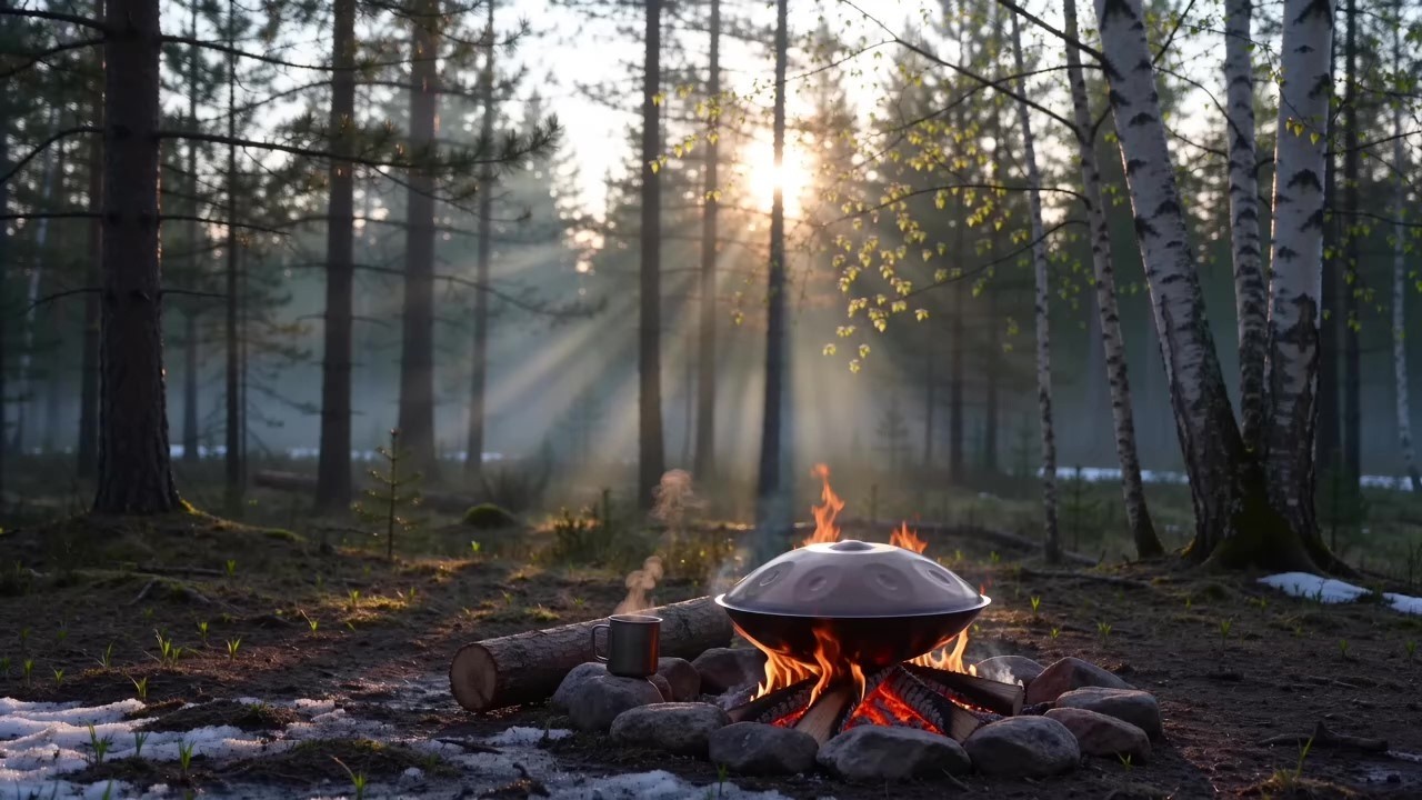 Relaxing in the Forest 🌲 Handpan 963Hz Music 🌅 Campfire Ambience & Forest Sound