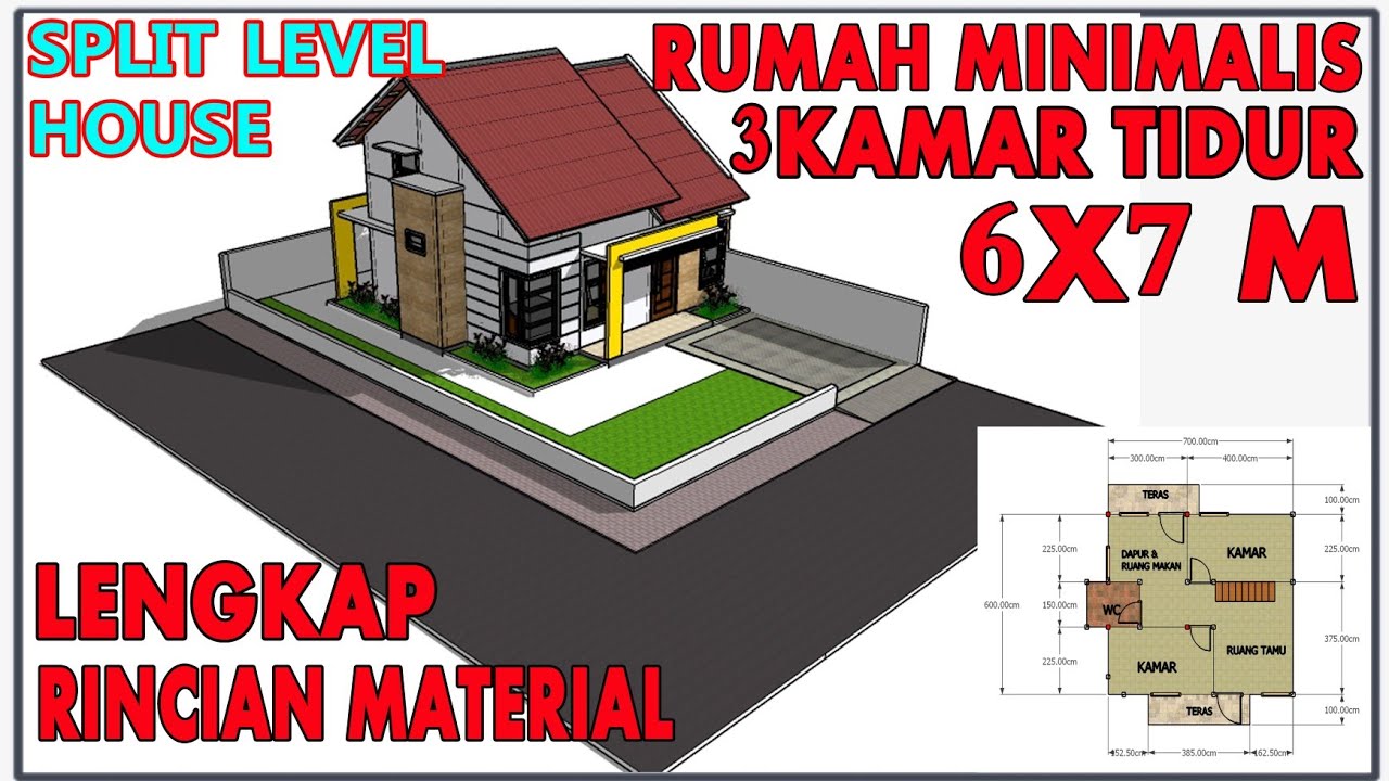 DESAIN RUMAH MINIMALIS 6X7 || 3 KAMAR TIDUR || DENGAN RINCIAN MATERIAL || KONSEP MEZZANINE