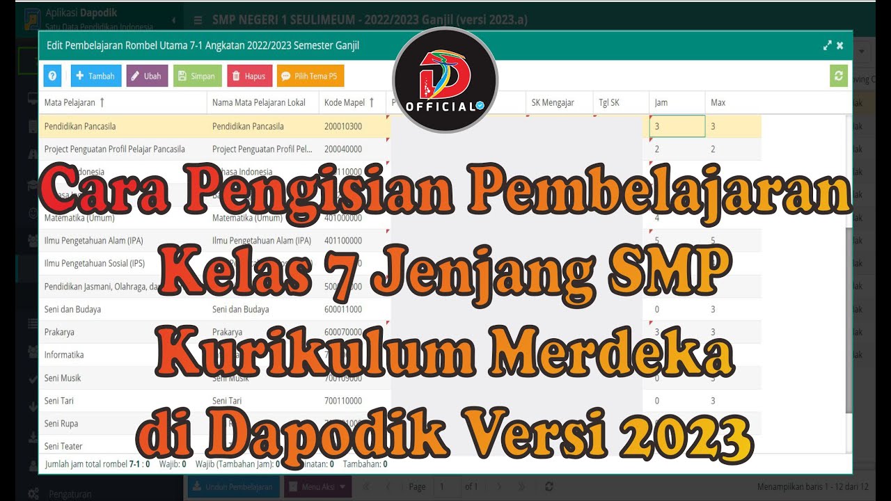 Cara Pengisian Pembelajaran Kelas 7 jenjang SMP Kurikulum Merdeka di Dapodik Versi 2023
