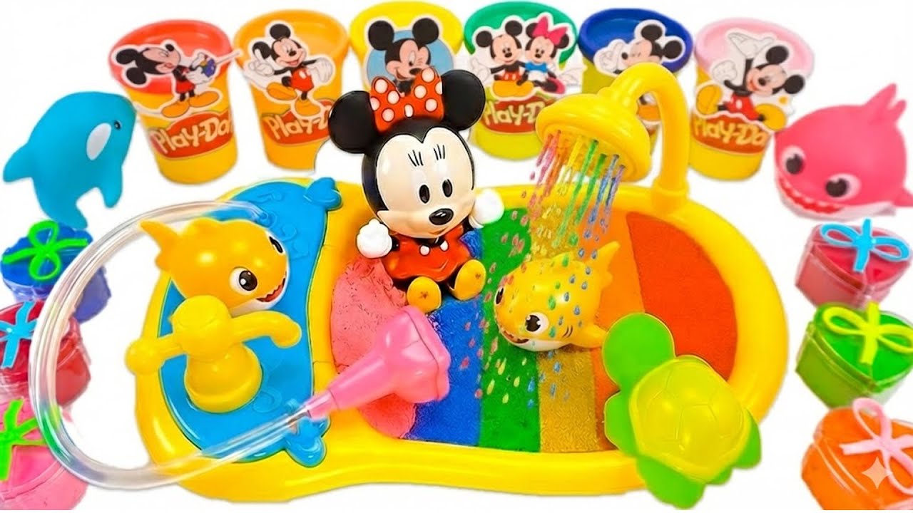 How to make Play Doh Bath Time with Mickey Mouse & Cutting ASMR 🌈 Rainbow Sand ASMR
