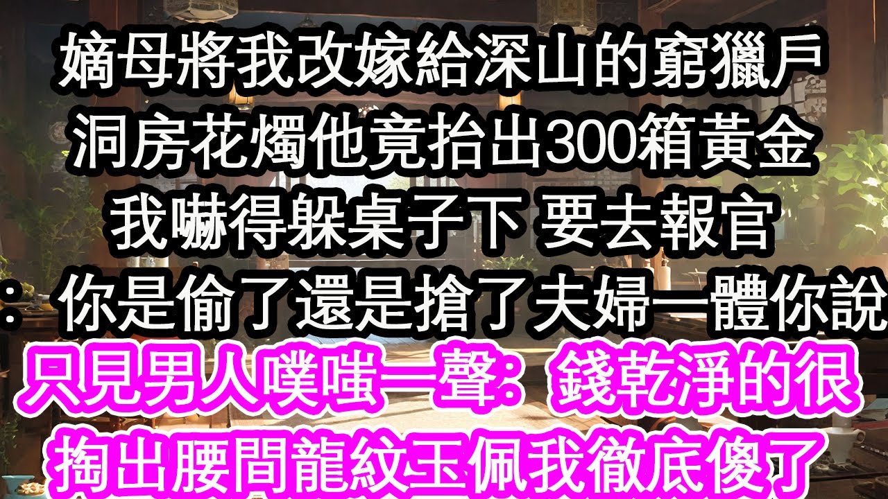 嫡母將我改嫁給深山的窮獵戶洞房花燭他竟抬出300箱黃金我嚇得躲桌子下 要去報官：你是偷了還是搶了夫婦一體你說只見男人噗嗤一聲：錢乾淨的很掏出腰間龍紋玉佩我徹底傻了【花開】【愛情】【生活】