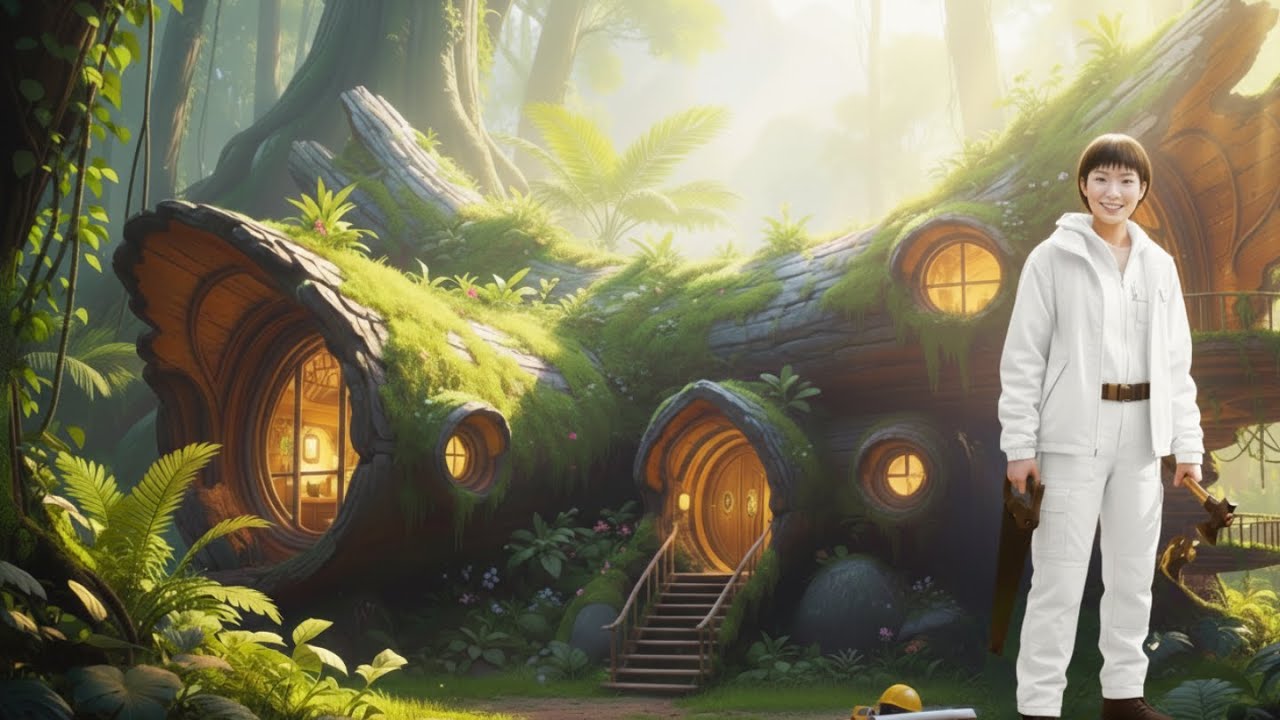 I Built a Glowing Modern Shelter Inside a Massive Log 