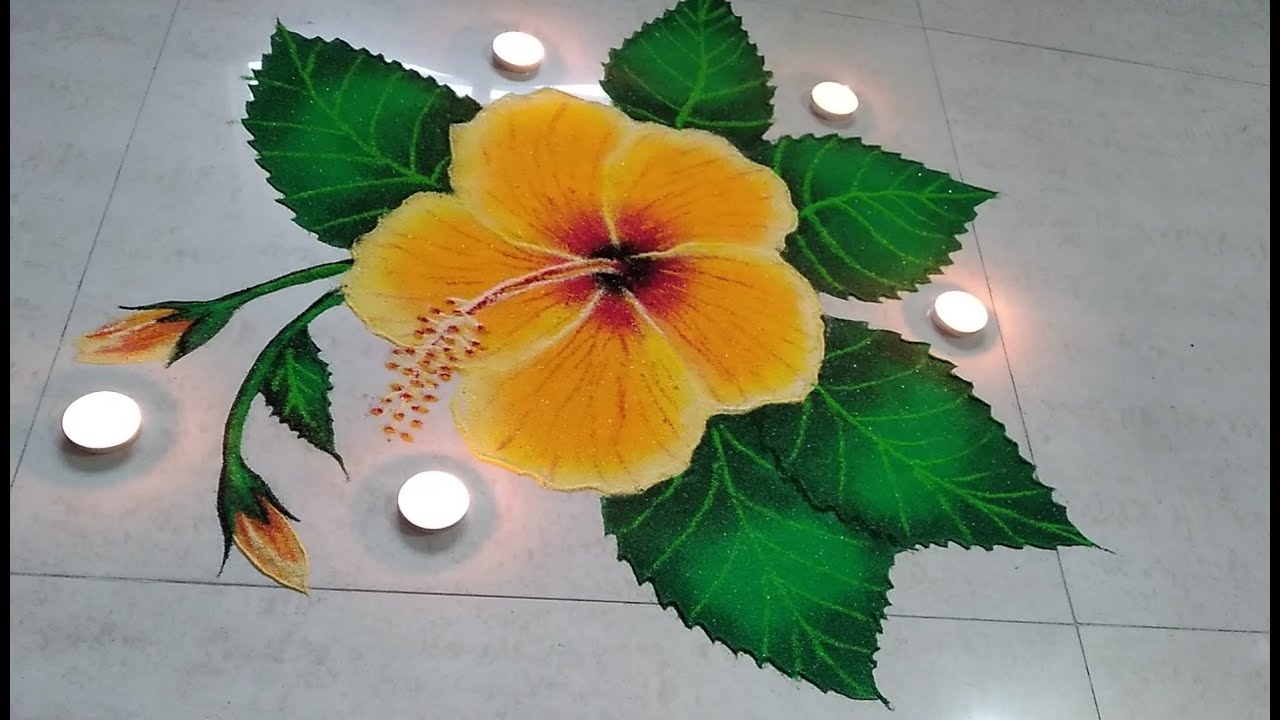3d Hibiscus flower rangoli design easy | how to draw hibiscus flower rangoli  जास्वंद फुलाची रांगोळी