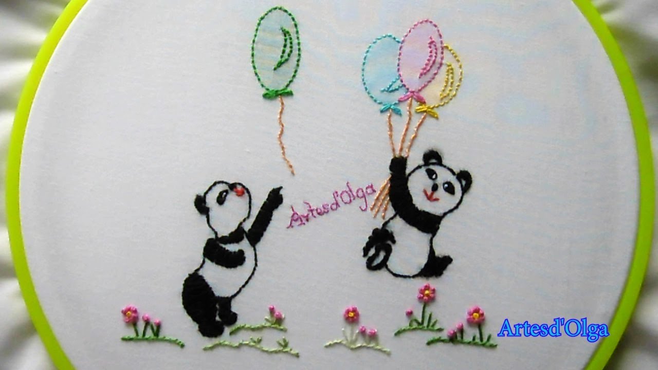 Hand Embroidery Design for baby: Pandas with balloons | Bordado a mano para bebé: Pandas con globos