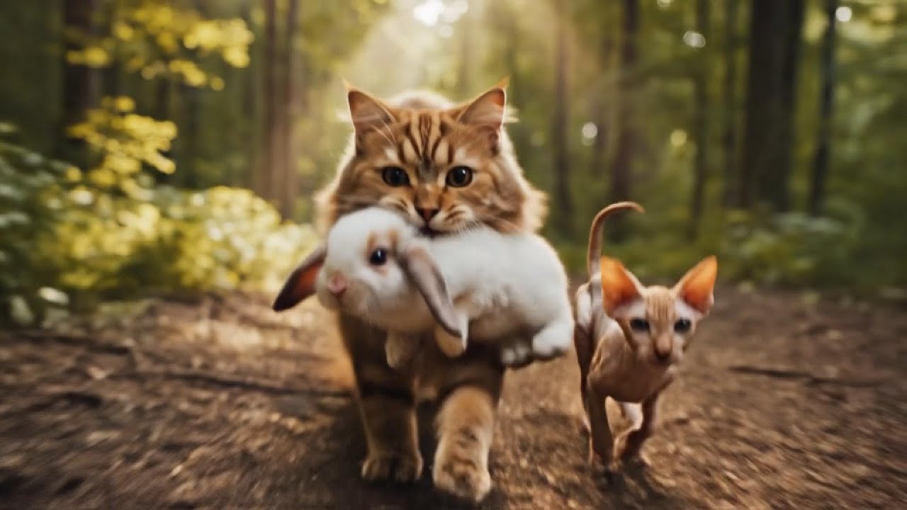 🐱 Mama Cat Rescues Injured Baby Rabbit 🐰 and Takes Care With Love 💕