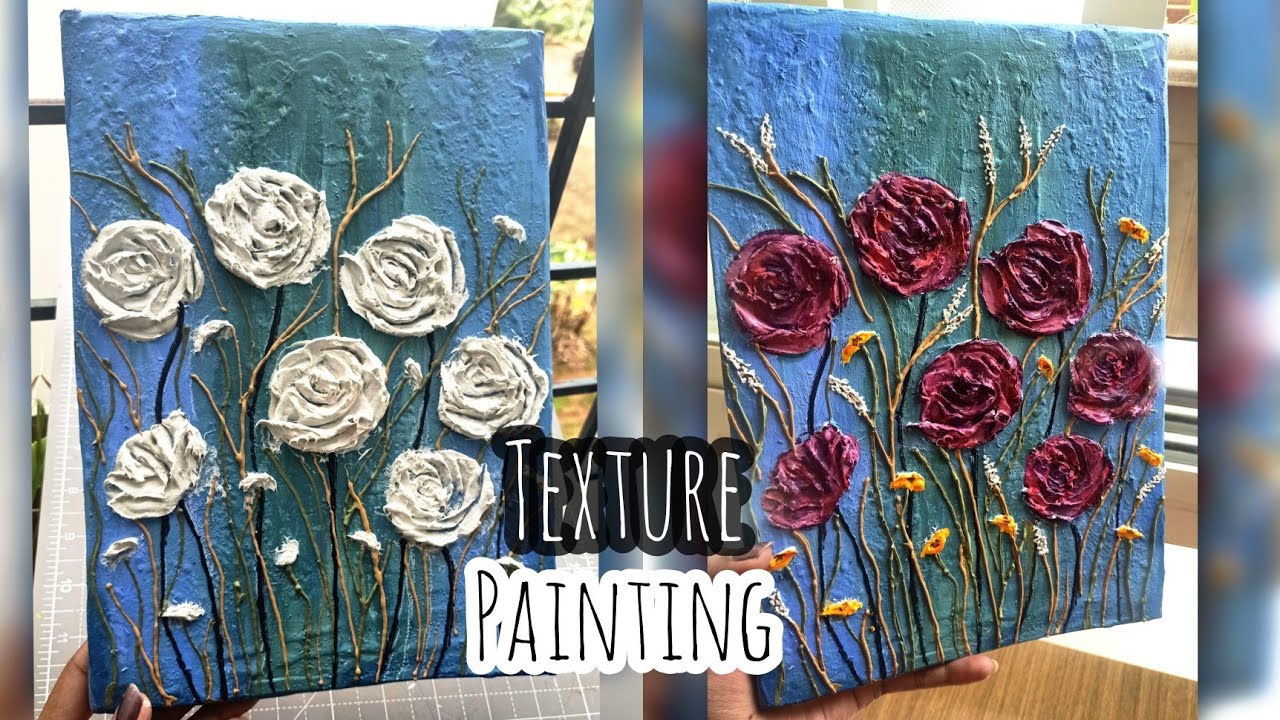 Texture Painting on Canvas | 3D Painting | Wall Putty Craft | Canvas Art | Roses Textured Painting