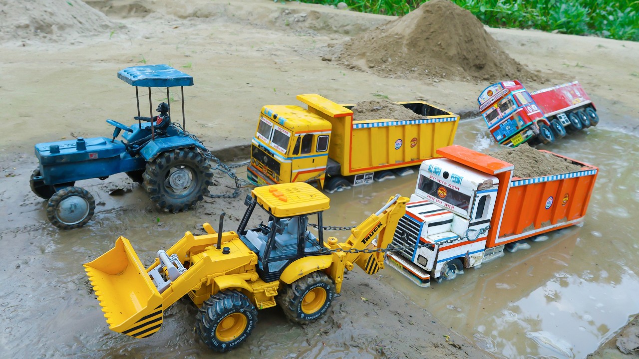 Sand Loaded Tata Truck Volvo Dumper Muddy Accident Pulling Out JCB 3DX Swaraj Tractor | Jcb Cartoon