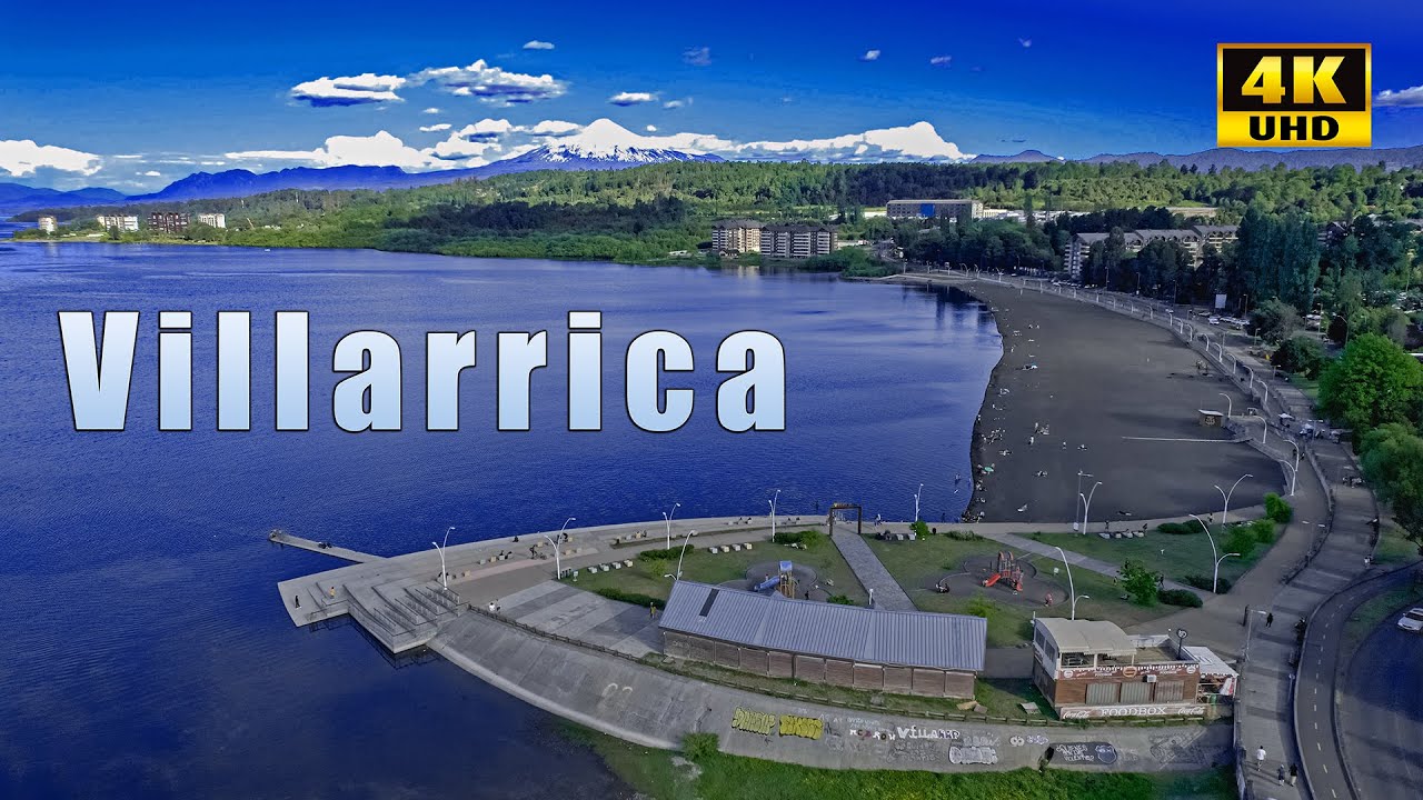 Villarrica Playa Pucara Parque Mirador Turismo Araucanía Sur de Chile 4K Vista Aérea Drone Temuco