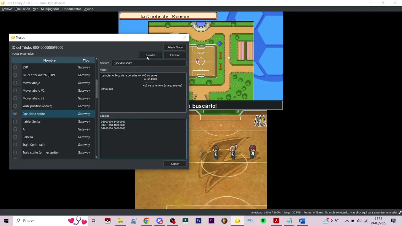 Cheat Test: Cambiar la opacidad del Sprite en Inazuma Eleven 3