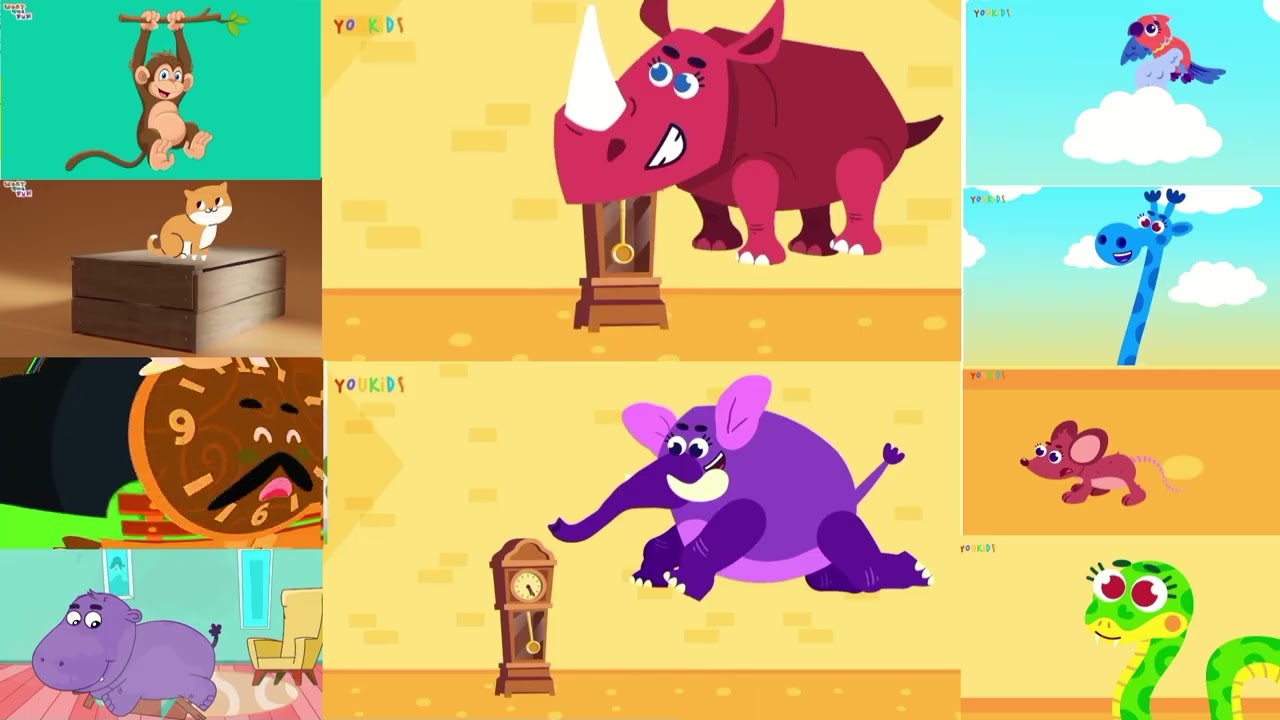 💥Hickory Dickory Dock 10 funny animals 🐘🦏🦛🐂🐀🐍🐒🐱🦜🦒~effects tutorials ~