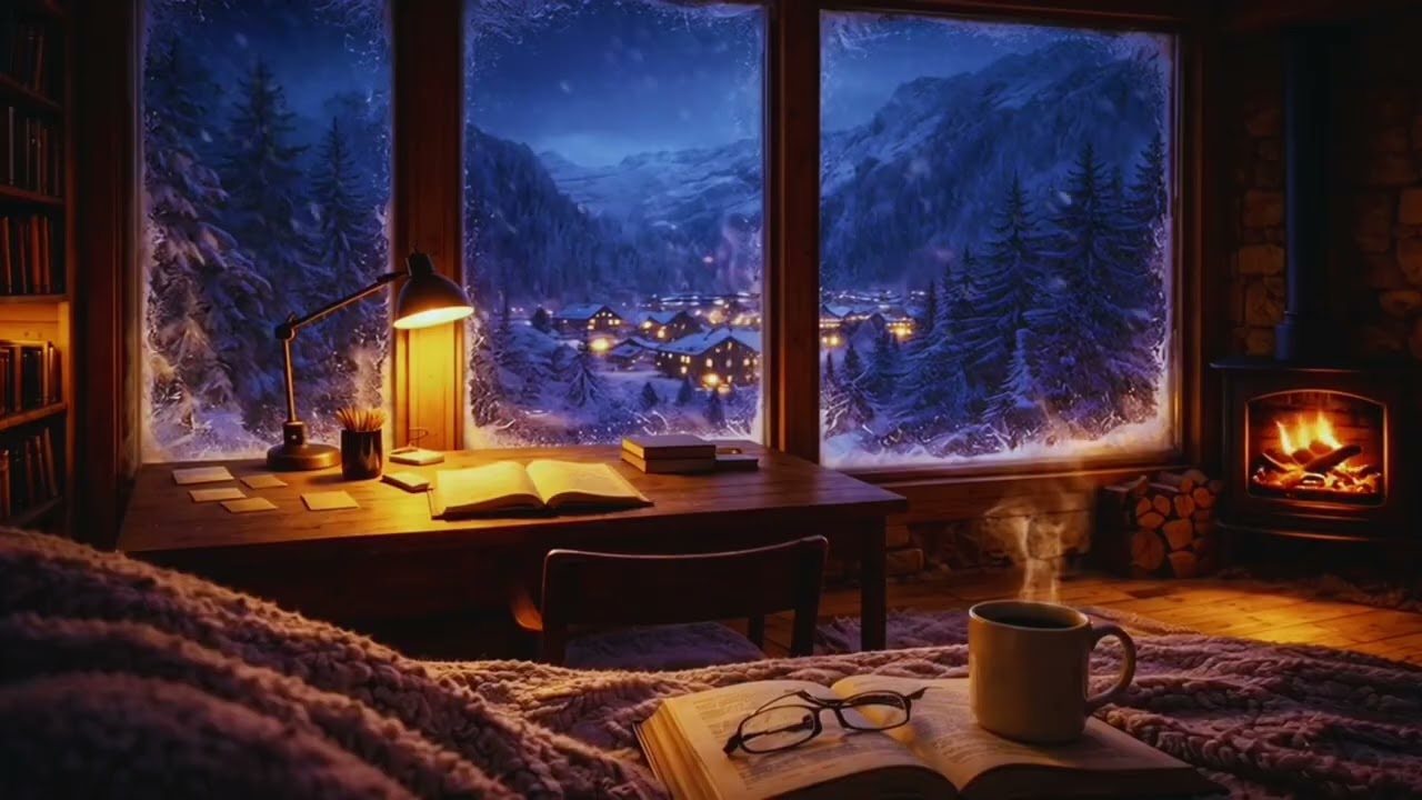 Cozy Winter Cabin During Snowstorm ❄️ Fireplace Crackling & Gentle Snowfall | Sleep • Relax • Study
