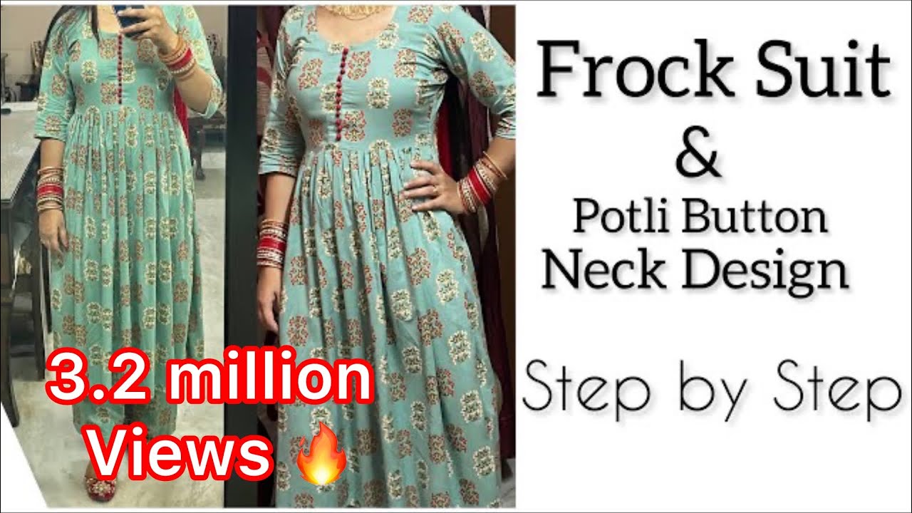 Frock Suit with Potli Button Neck Design / Designer suit /  Designer Neckline Kurti