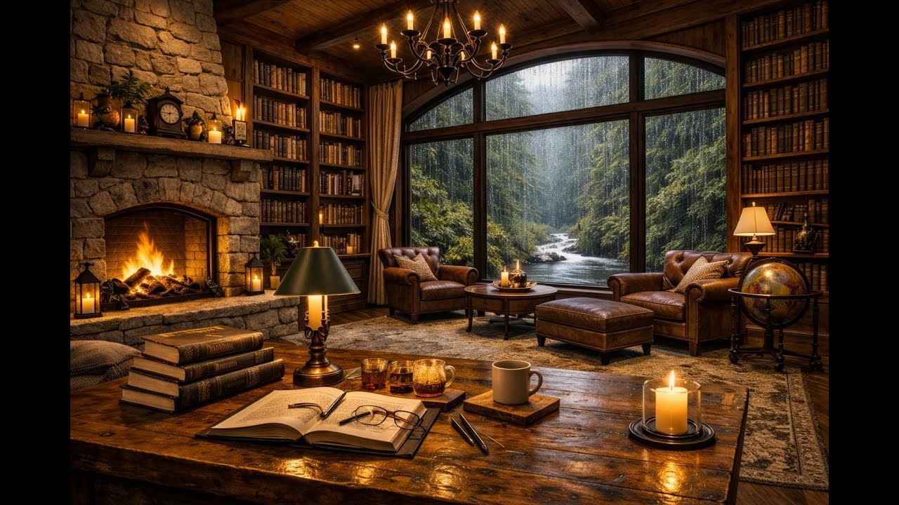 Biblioteca Cozy con Jazz 🎷📚 Pioggia & Atmosfera Calda | Studiare, Relax, Dormire | 1 Ora
