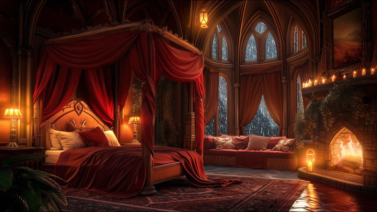 Cozy Medieval Castle Room with Rain, Thunder &  Fireplace Sounds to Sleep - 12 Hours of Bliss