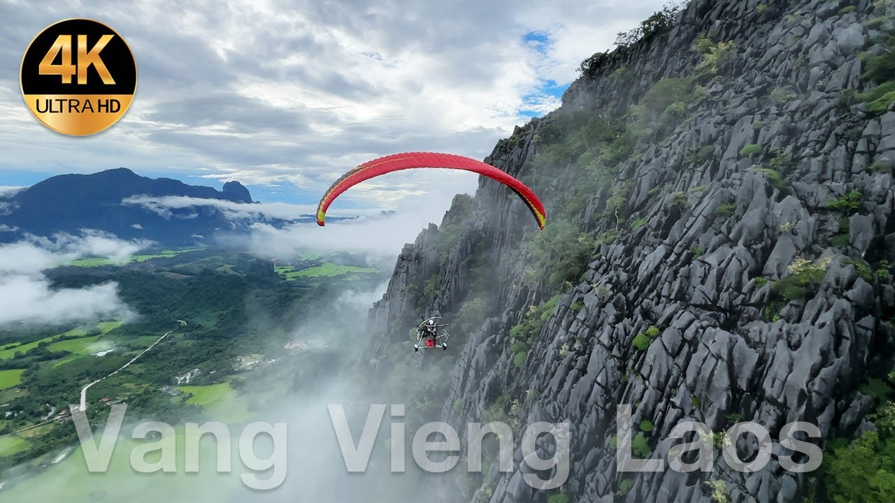 4K วังเวียง ลาว | มุมมองพารามอเตอร์ | Paramotor Great View | Vang Vieng Laos