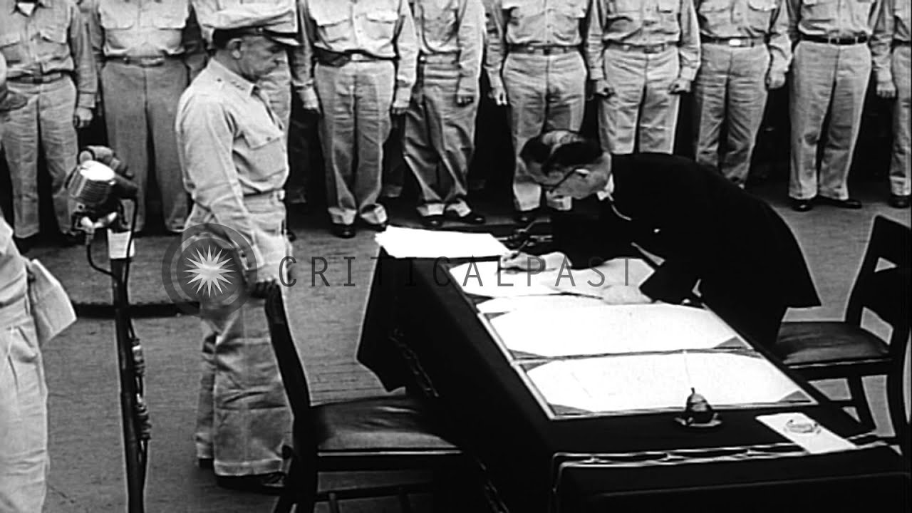 Signing of the surrender note aboard the USS Missouri after the surrender of Japa...HD Stock Footage