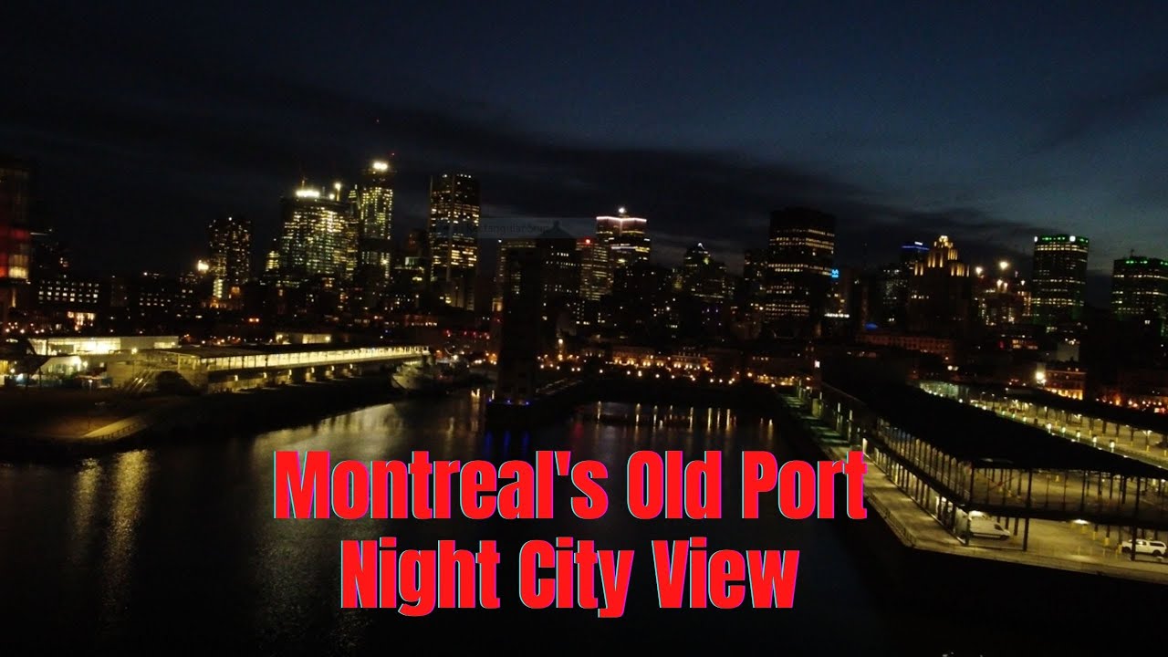 Aerial Montreal's Old Port Night City View