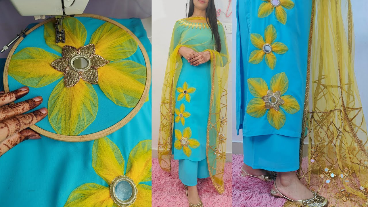 3D Net Flower Design DIY/ Embroidery With Net Fabric/ सिलाई मशीन से कड़ाई/Latest Kurti Design Making
