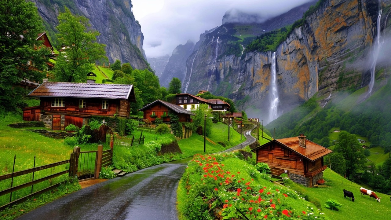Heaven in Switzerland on a Rainy Morning - Unreal Beauty in Alpine Villages Countryside