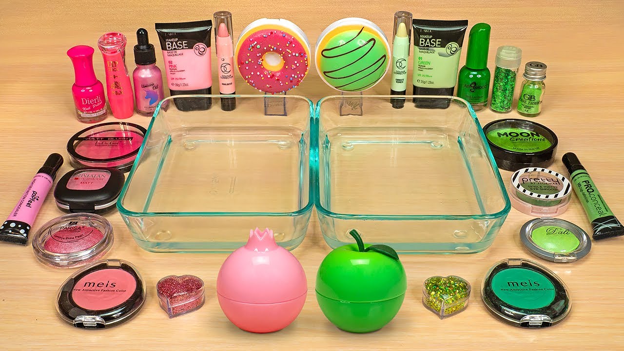 PINK vs. GREEN ! Slime Coloring and Mixing with Makeup ! ASMR Satisfying Slime Video #98