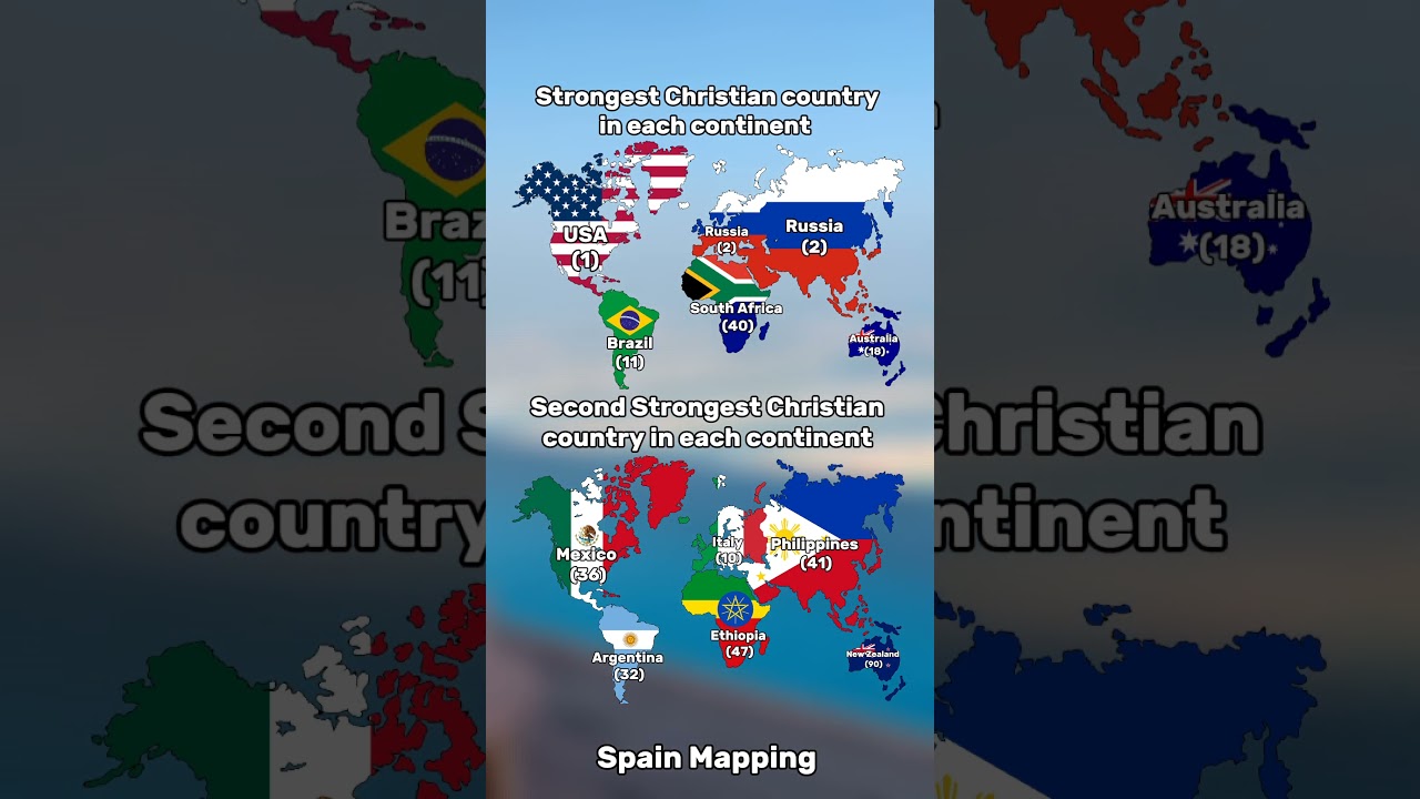 Strongest and Second Strongest Christian country in each continent #geography #map #mapping
