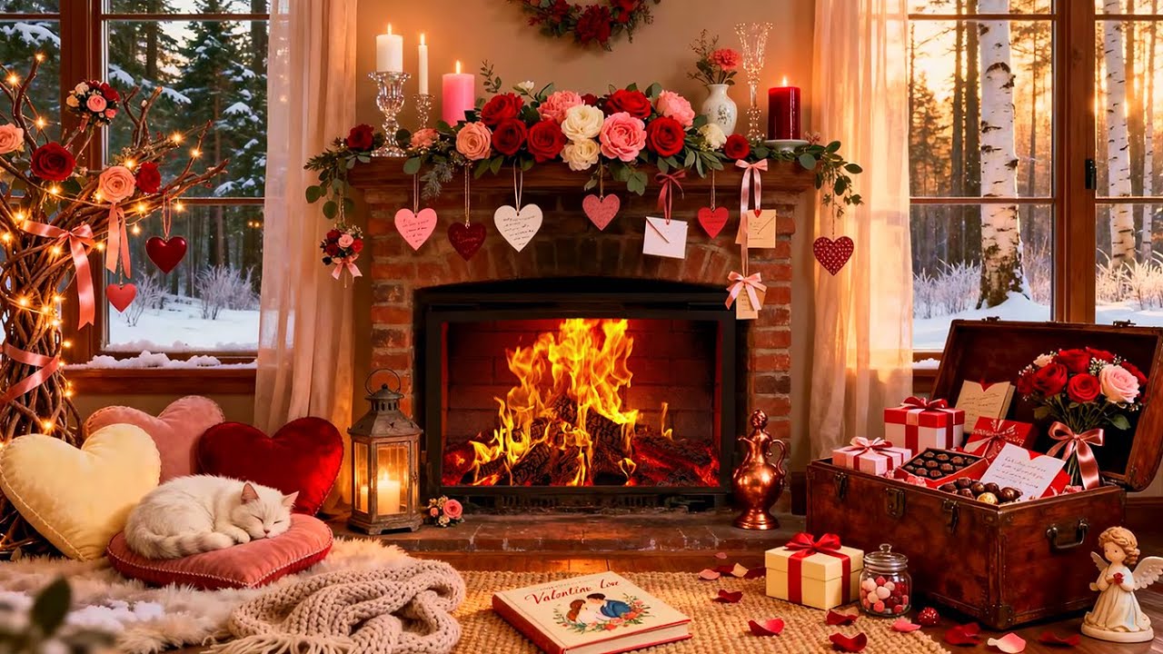 Romantic Cozy Fireplace ❤️ Valentine Decor, Crackling Fire Sounds and Calm Evening Relaxation