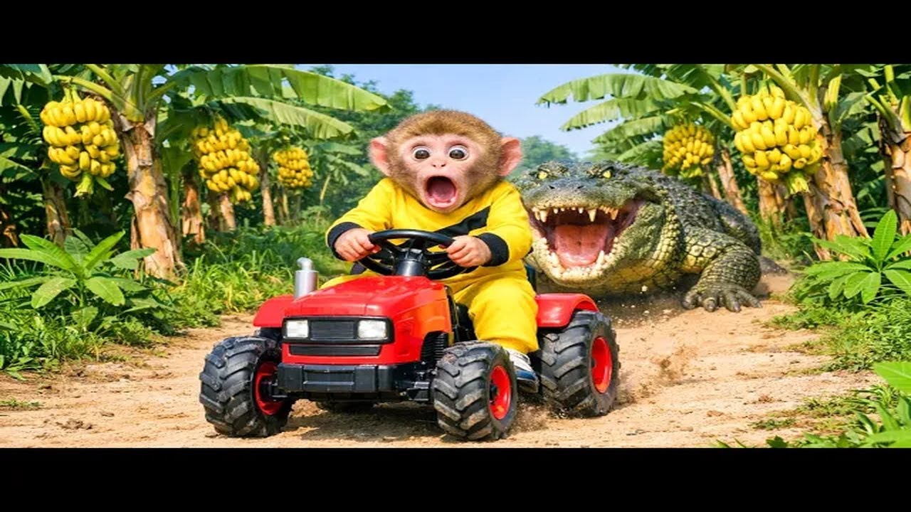 Monkey Drives Tractor to Harvest Ripe Bananas & Faces a Fierce Crocodile ｜ Monkey Farm Work