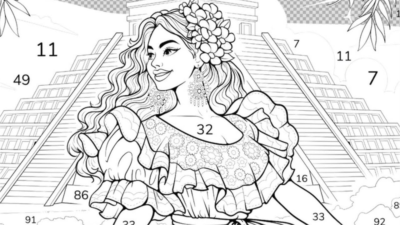 A woman in traditional attire standing majestically in front of a pyramid | Coloring Games