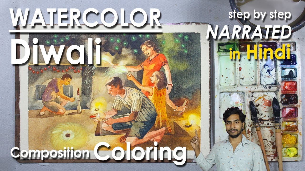 Watercolor Diwali Composition Painting | step by step Narrated | Drawing from Memory | Part - 2