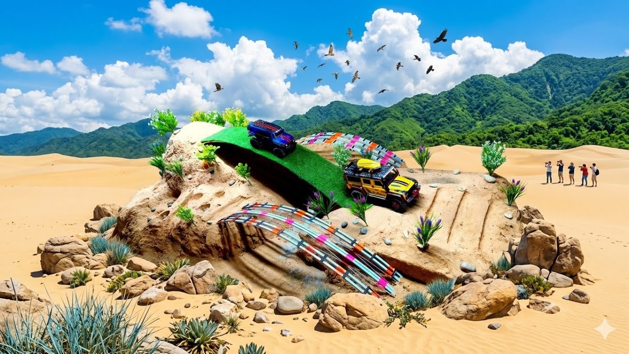RC Cars Drive Through a Sand Mountain In a Challenging Obstacle Course