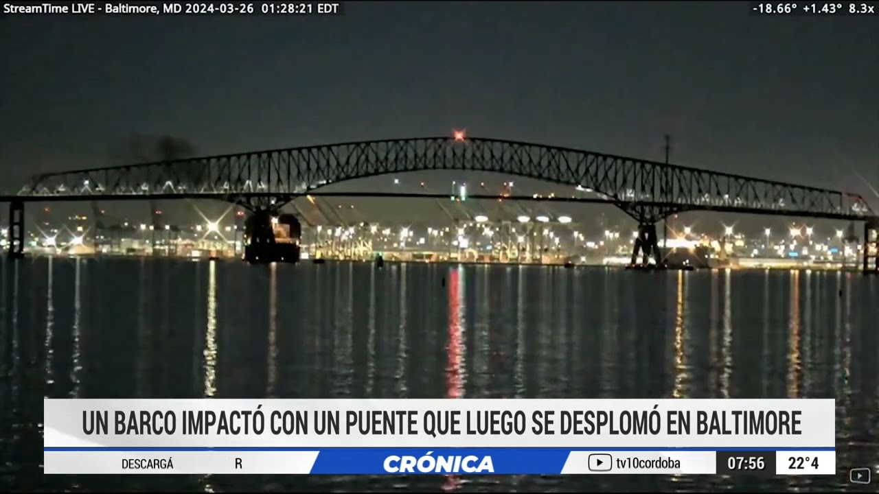 🔴 IMPACTANTE VIDEO:  choque de un buque contra un puente que colapsó en Estados Unidos