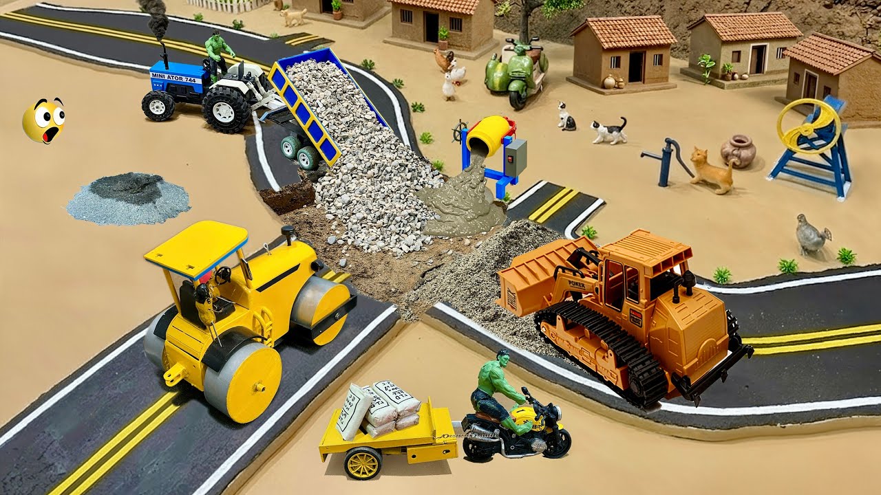 DIY Mini Tractor, Bulldozer, Concrete Mixer & Road Roller Build Concrete Road | Science Project