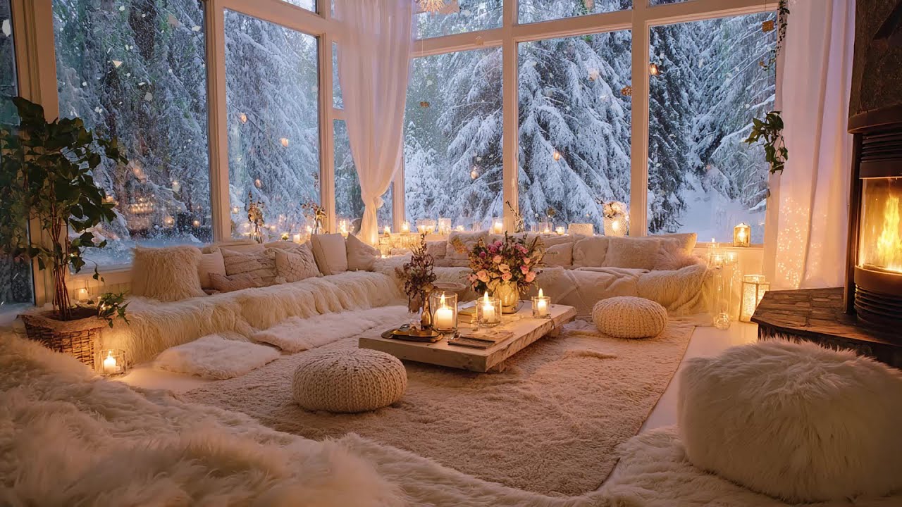 Cozy Fireplace with Soft Piano Music | Peaceful Winter Ambience for Sleep - Winter Living Room