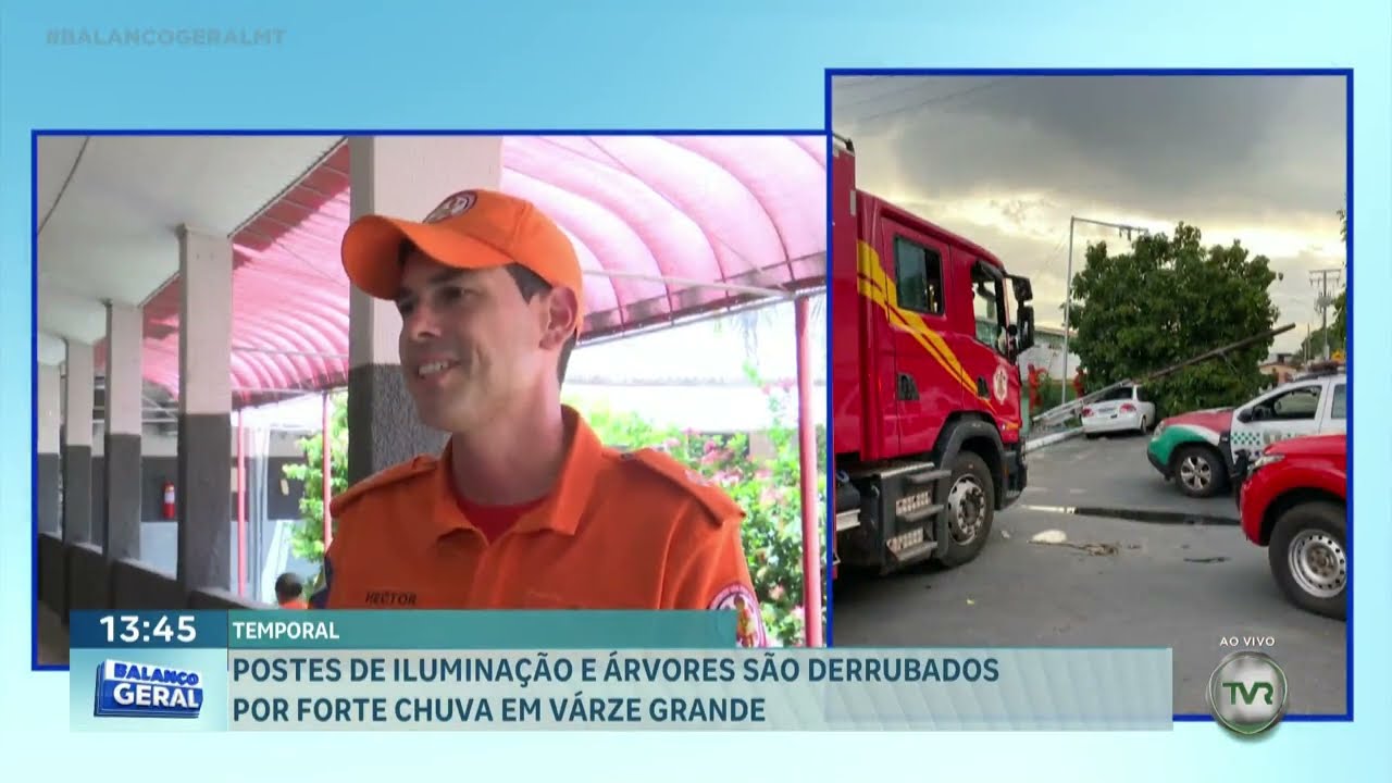 Postes de iluminação e árvores são derrubados por forte chuva em Várzea Grande