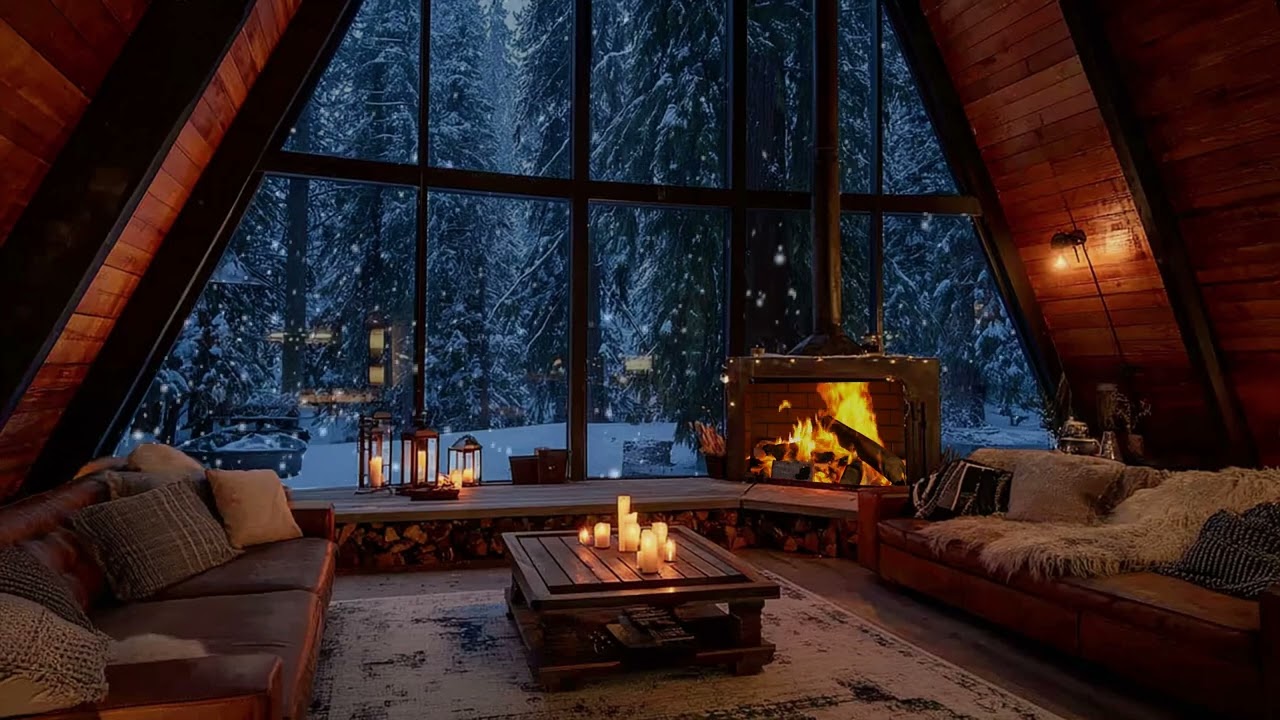 Cozy Snowy Cabin at Night | Soft Snowstorm Sounds and Fireplace Glow for Peaceful Sleep