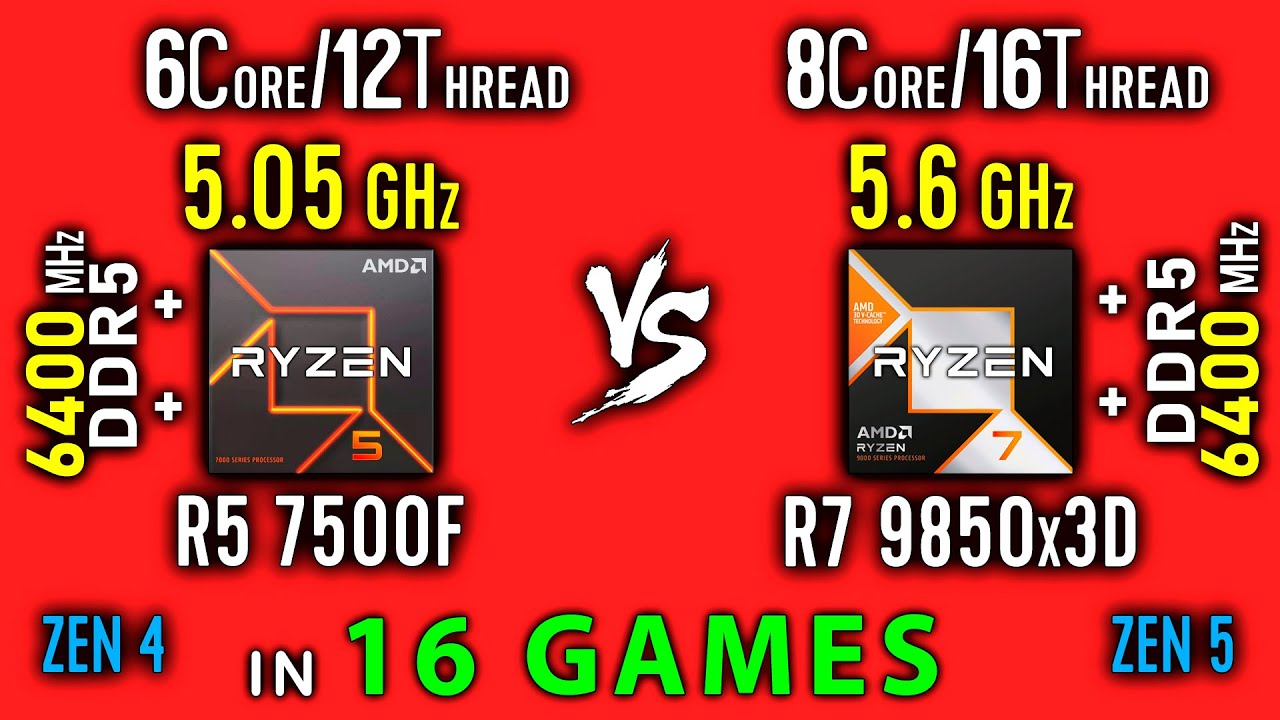 Ryzen 5 7500F vs Ryzen 7 9850X3D Test in 16 Games | R5 7500F vs R7 9850x3D Thermal Power Efficiency