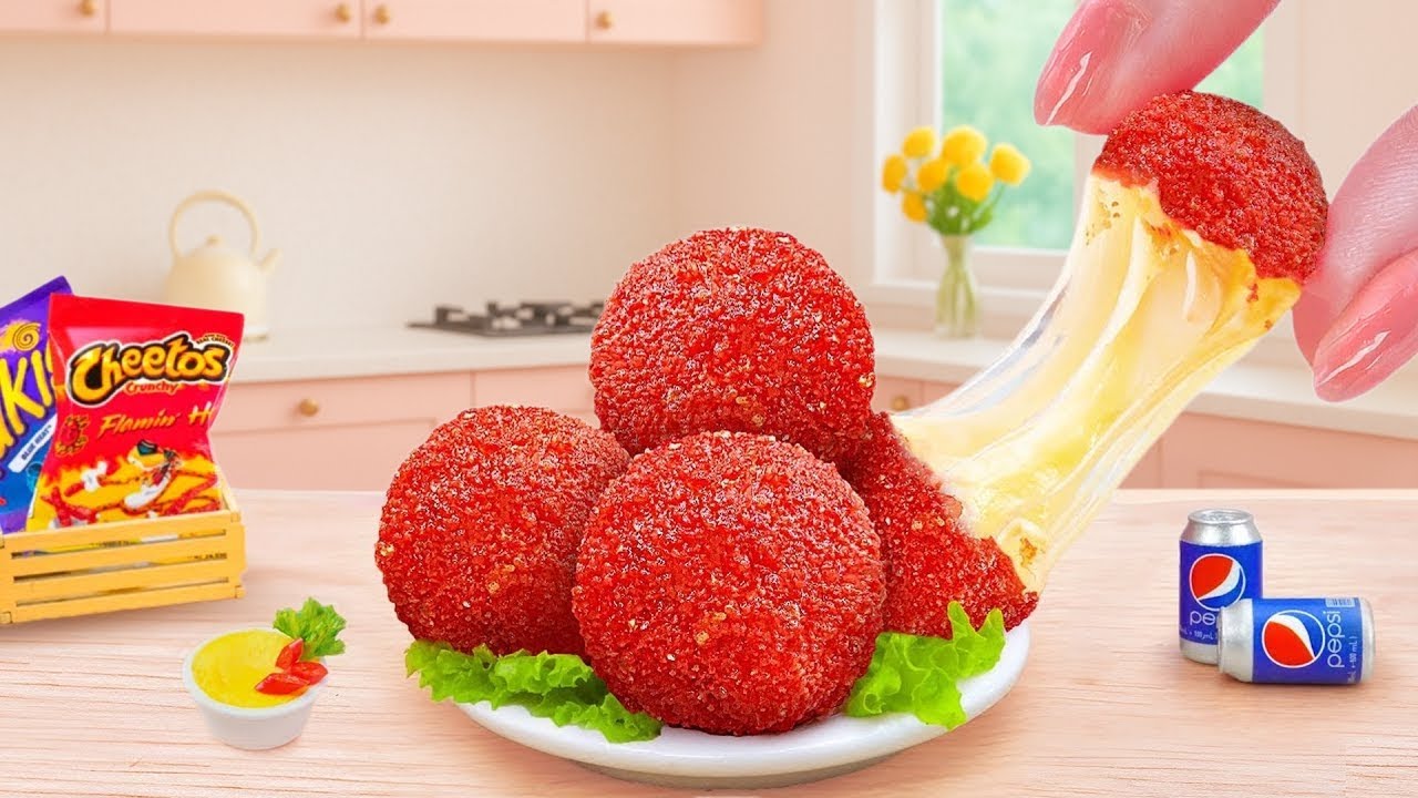 Best of Miniature Cooking - Crispy Fried Cheese Balls with Cheetos at Mini Kitchen | Tiny Burger