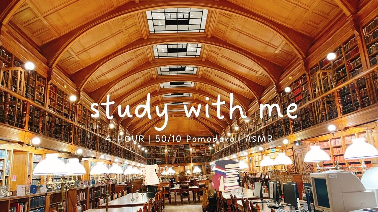 4-HOUR study with me in a public library | 50/10 pomodoro, ASMR, library background noise, real time