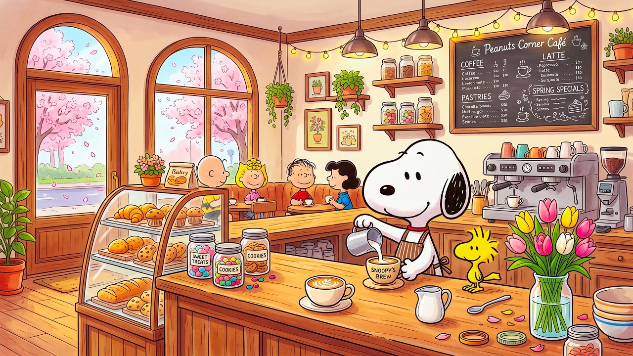 Snoopy&rsquo;s Slow Spring Caf&eacute; Morning ☕️🌸 Soft Jazz Beats for Study, Relax & Gentle Healing Vibes