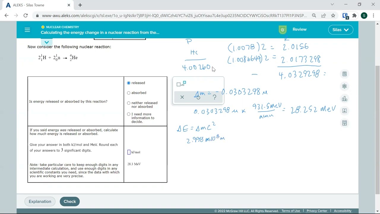 Calculating the energy change in a nuclear reaction from the mass change