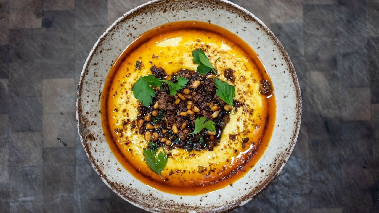 Shane Delia's Hummus, with Spiced Lamb & Pine nuts