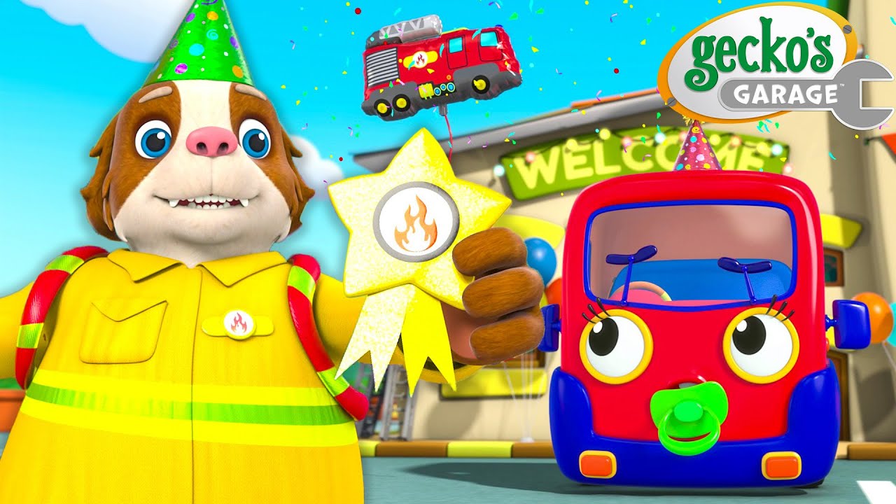 Birthday Fire Truck Badge! | Max the Monster Truck | Truck and Bus Cartoon | Gecko's Garage