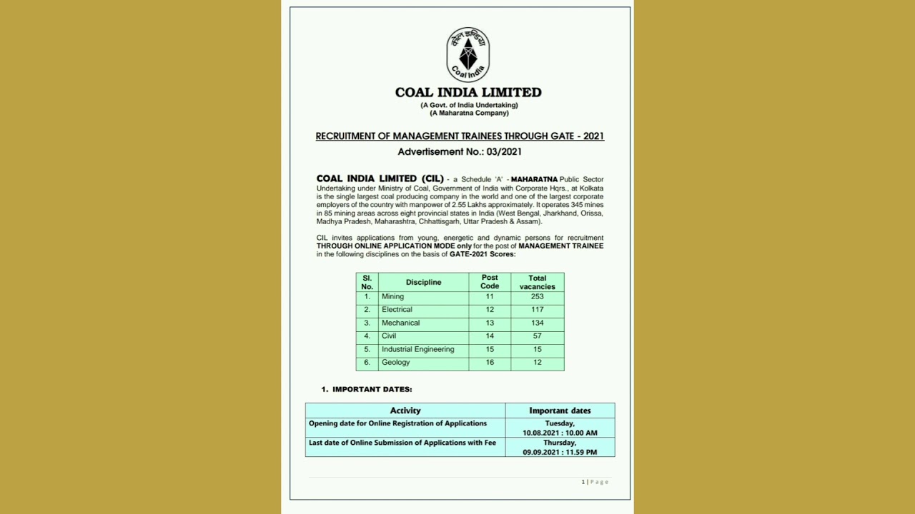 Coal India recruitment in Detail| Gate 2021|Final year student| CIL recruitment August2021|Full Adv.