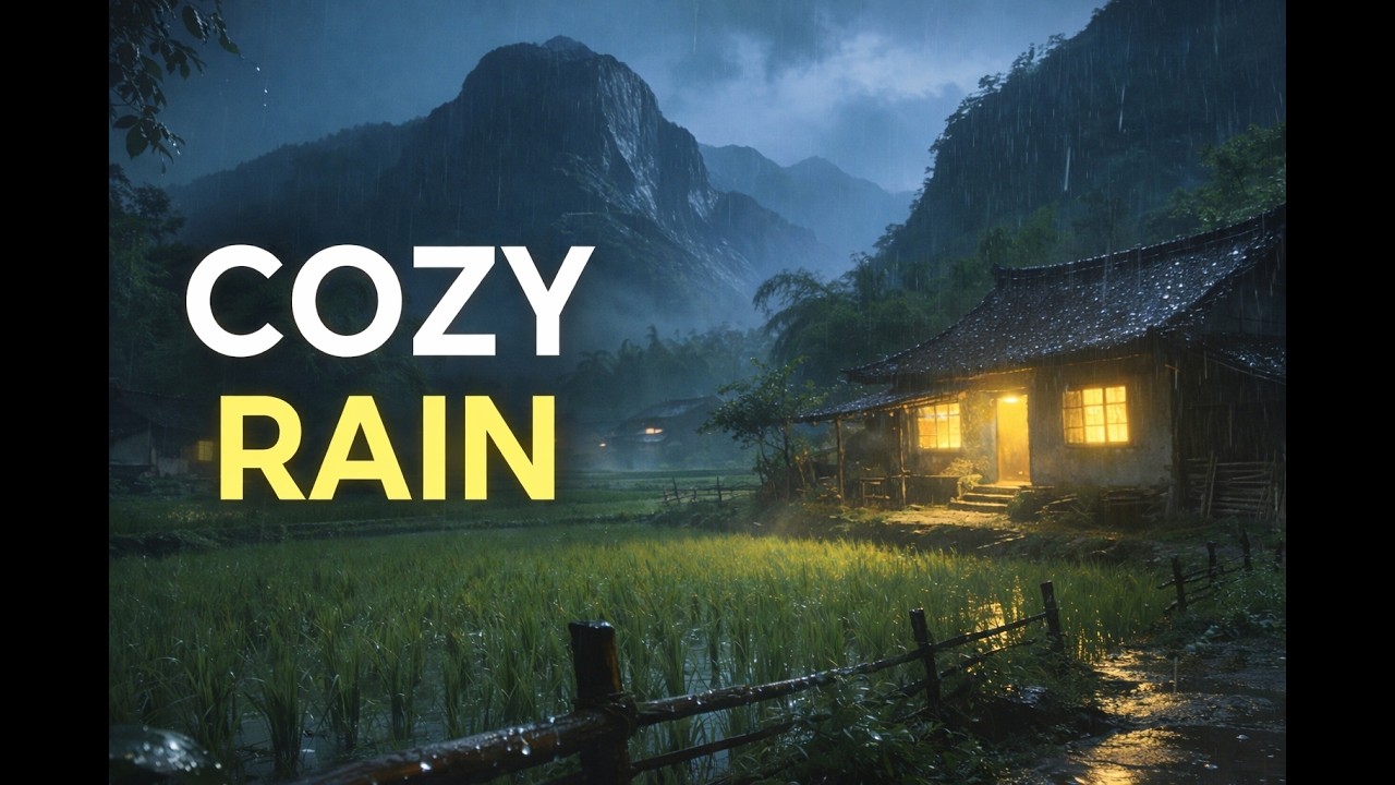 🌧️ Rainy Night in a Mountain Village &ndash; Warm Light in the Middle of Misty Rice Fields