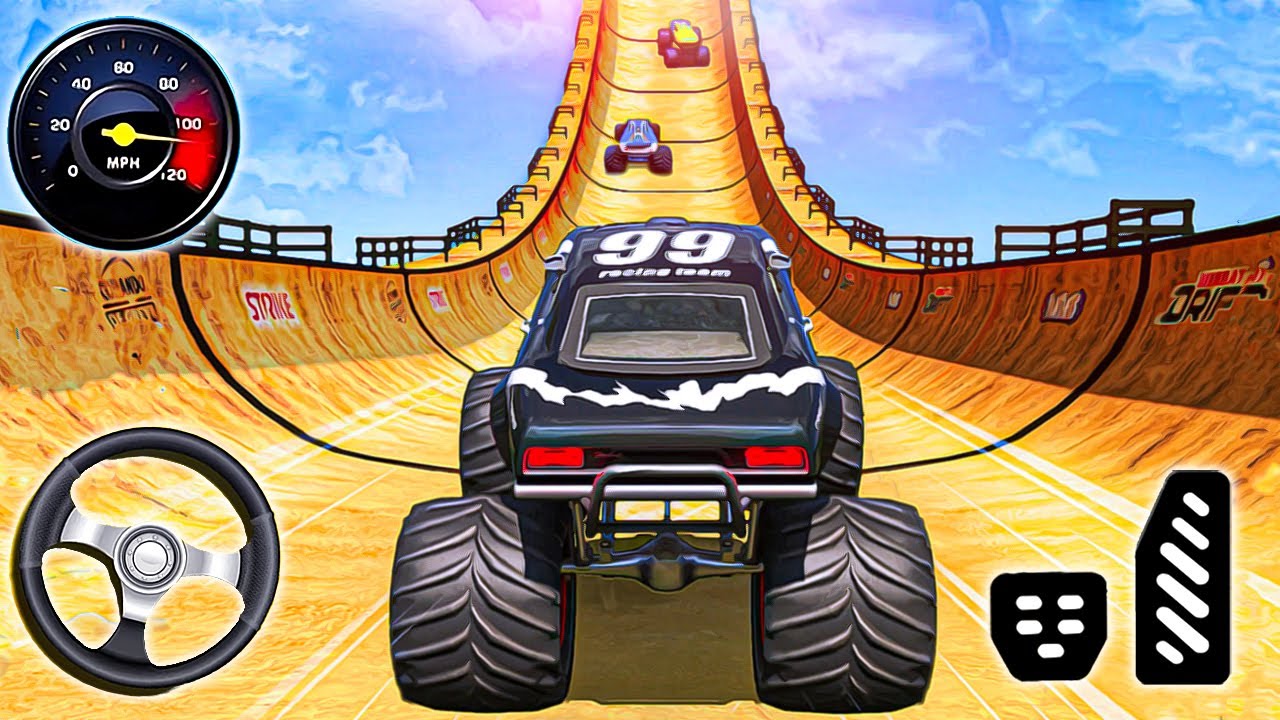 Monster Truck Stunt Racing Mega Ramp — Гонки на монстр-траках с мегарампой — геймплей для Android