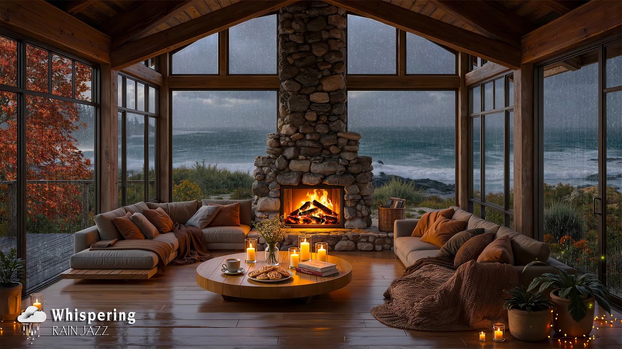 Cozy Fall Cabin Ambience 🌧️ Soft Jazz Instrumental in Rainy Coastal for Calm Moments